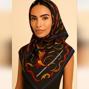 Scarf Ellen Tracy 100% Sllk Lions Crest Square 34x34 Inches Red Gold Ribbon Bows